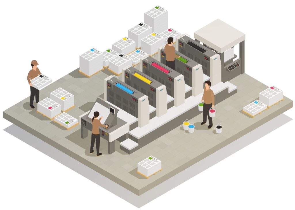 Printing house facility offset production line industrial equipment with operating personnel isometric composition vector illustration